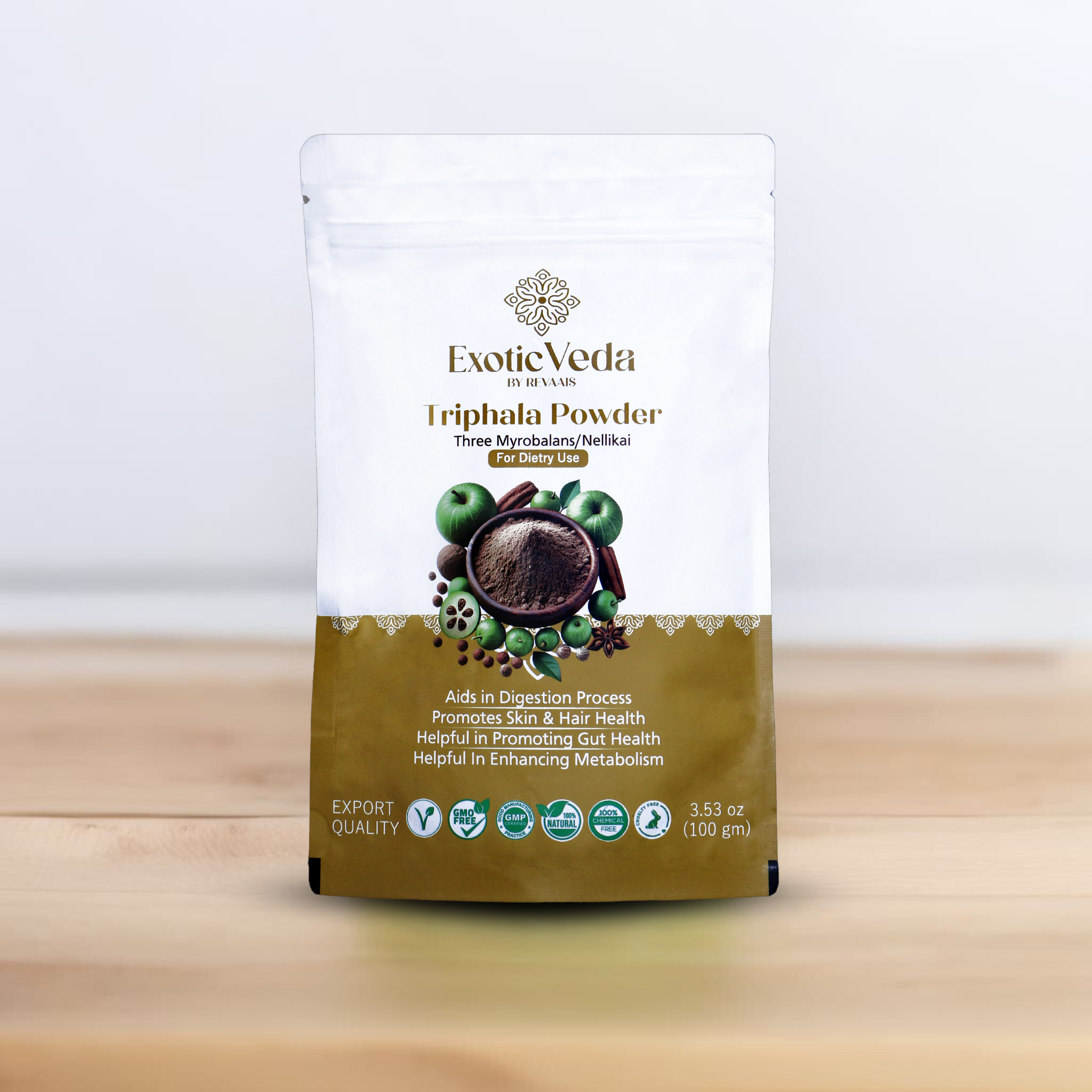 Triphla Powder Exotic Veda | Ayurvedic Gut Immune Health Nutrient Dense, Vegan, Gluten-Free Amla, Haritaki, Bibhitaki | Aids in Digestion | Non GMO 100% Vegan (100g)